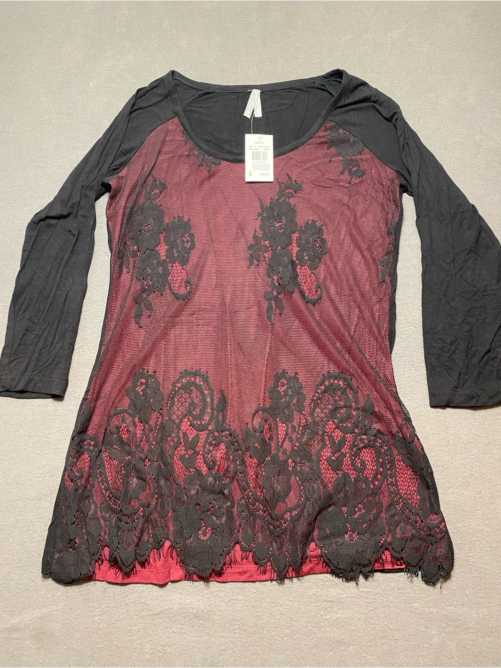 Vanity S Women's Black Lace Overlay Long Sleeve Top with Burgundy Underlay